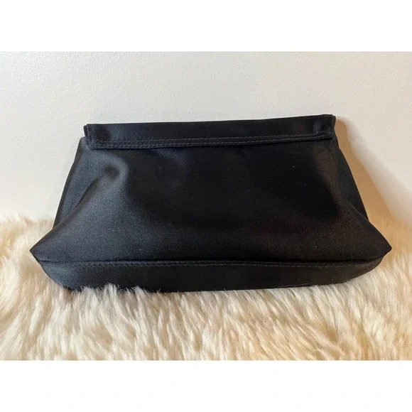 Chanel Parfums Black Satin Makeup Bag Pouch Evening Clutch Metal Logo Plaque - Picture 3 of 7